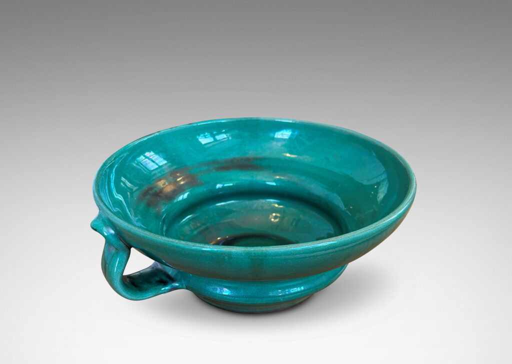 Gallery BAC undulating profile with applied handles, in a deep tonal teal copper oxide glaze