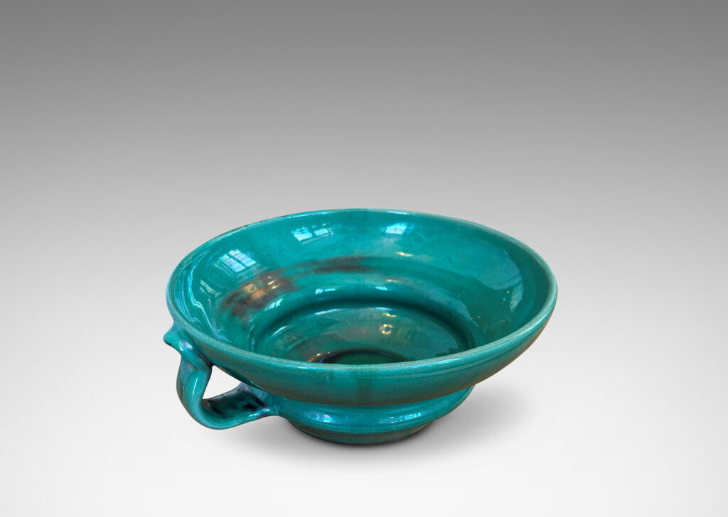 Gallery BAC undulating profile with applied handles, in a deep tonal teal copper oxide glaze