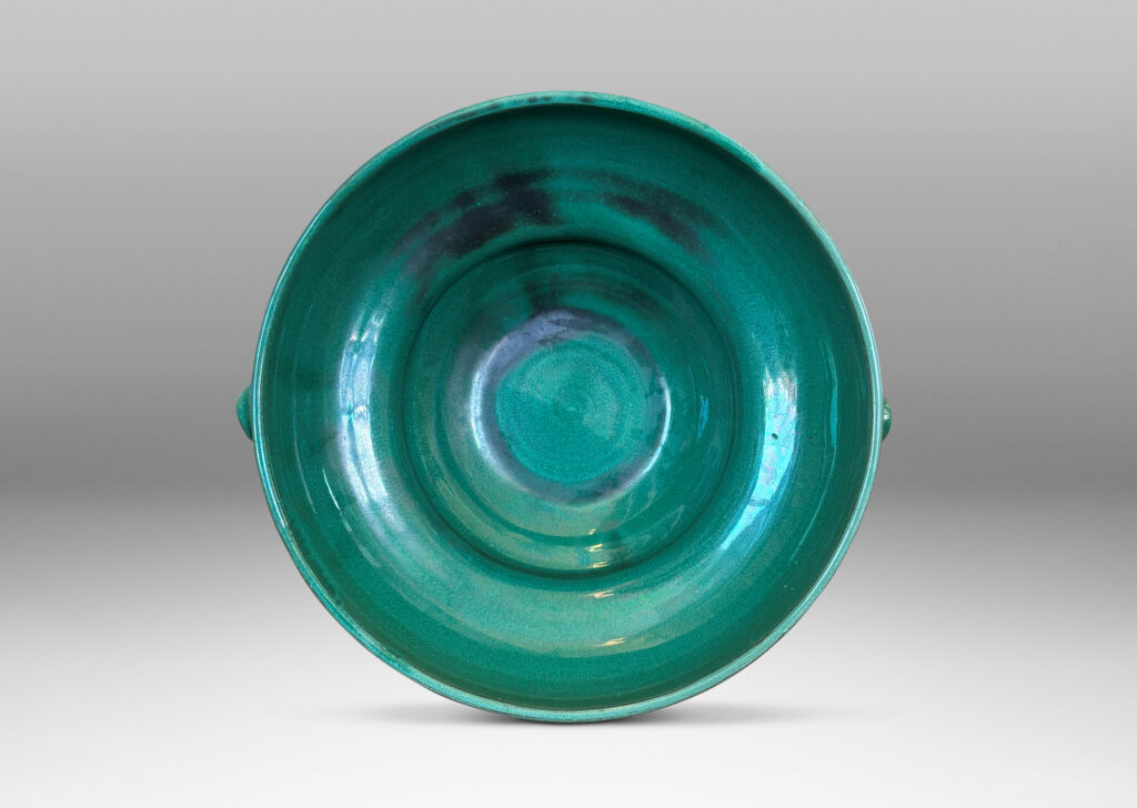 Gallery BAC undulating profile with applied handles, in a deep tonal teal copper oxide glaze
