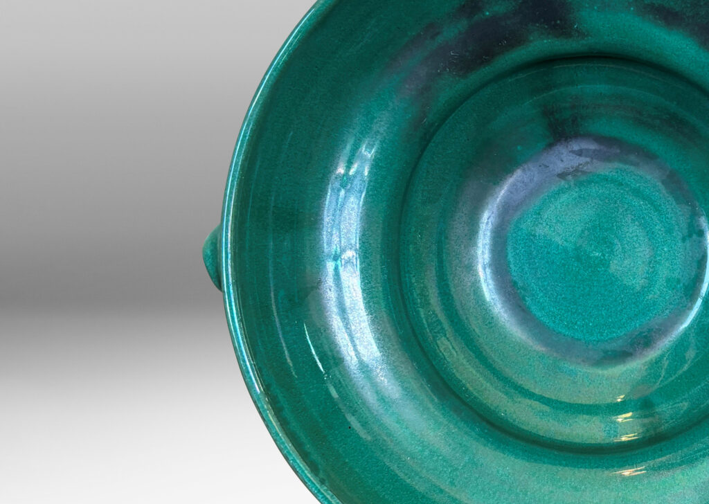 Gallery BAC undulating profile with applied handles, in a deep tonal teal copper oxide glaze