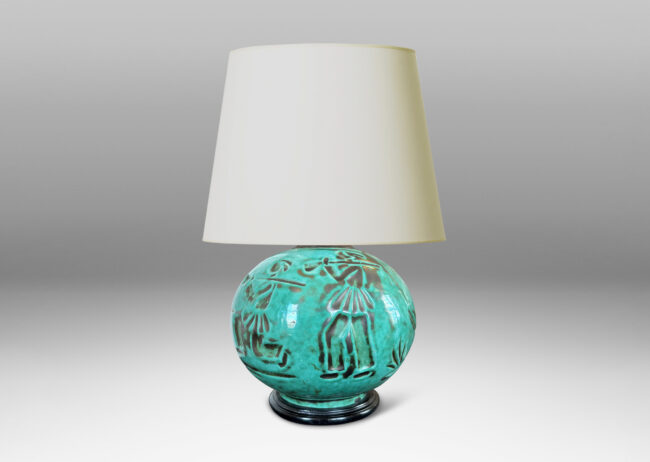 Gallery BAC plump globe form with carved countryside figures of animals, farmers and trees, in a tonal teal copper oxide glaze