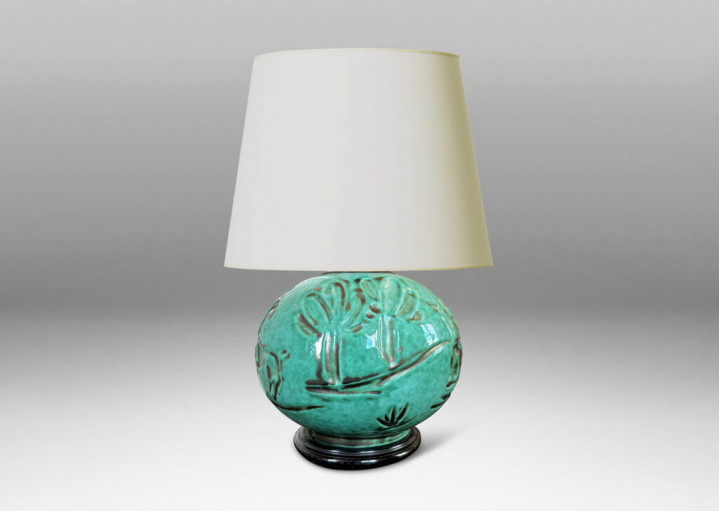 Gallery BAC plump globe form with carved countryside figures of animals, farmers and trees, in a tonal teal copper oxide glaze