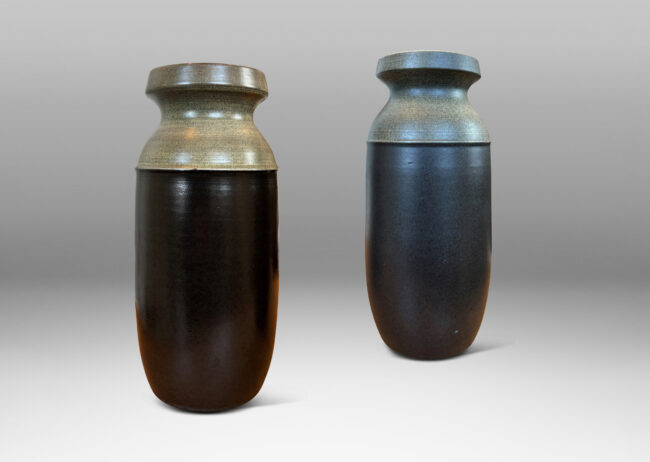 Gallery BAC cylindrical form with rounded corners and notched mouths, glazed in dark brown and gray