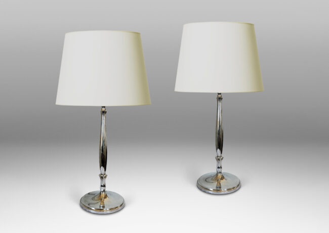 Gallery BAC sinuous swelling stands sprouting from abstracted tulip forms, mounted on disk stepped base; silver plate