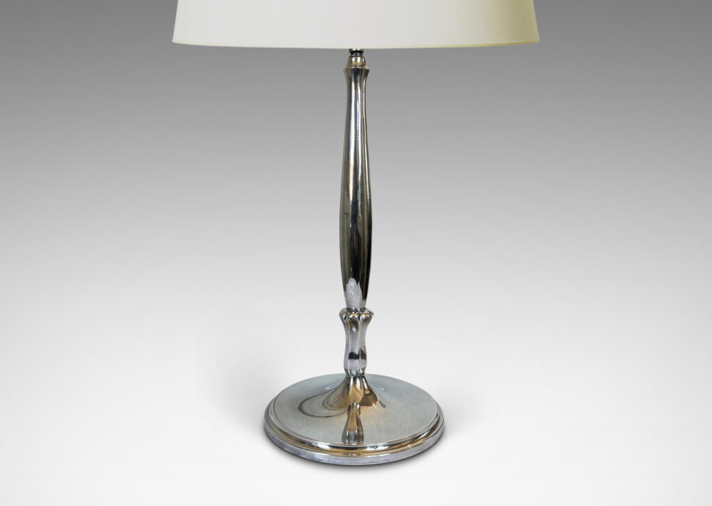 Gallery BAC sinuous swelling stands sprouting from abstracted tulip forms, mounted on disk stepped base; silver plate