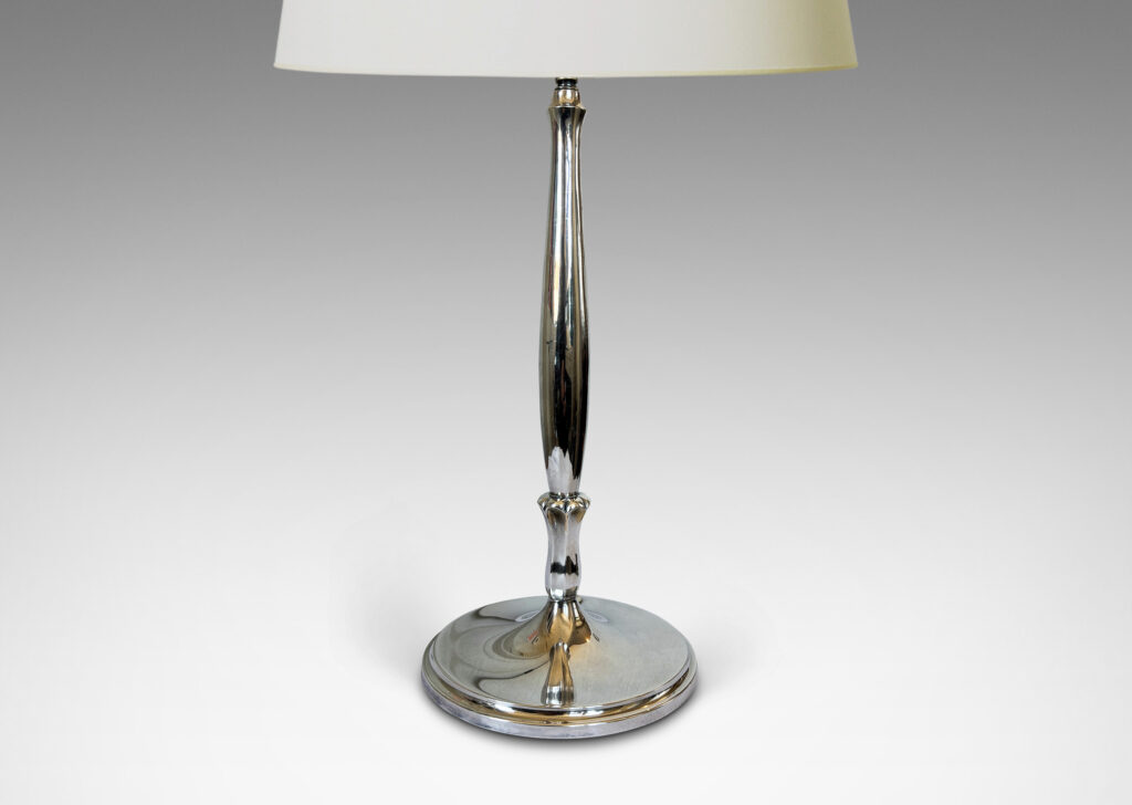 Gallery BAC sinuous swelling stands sprouting from abstracted tulip forms, mounted on disk stepped base; silver plate