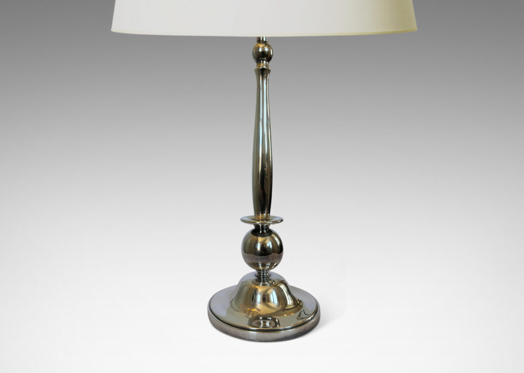 Gallery BAC sinuous swelling stand sprouting from a cuff atop an orb and disk base; silver plate