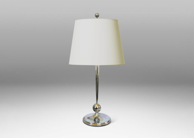 Gallery BAC elegant tapering stand sprouting from an orb fob on a pointed disk base, with a pawn form finial; silver plate