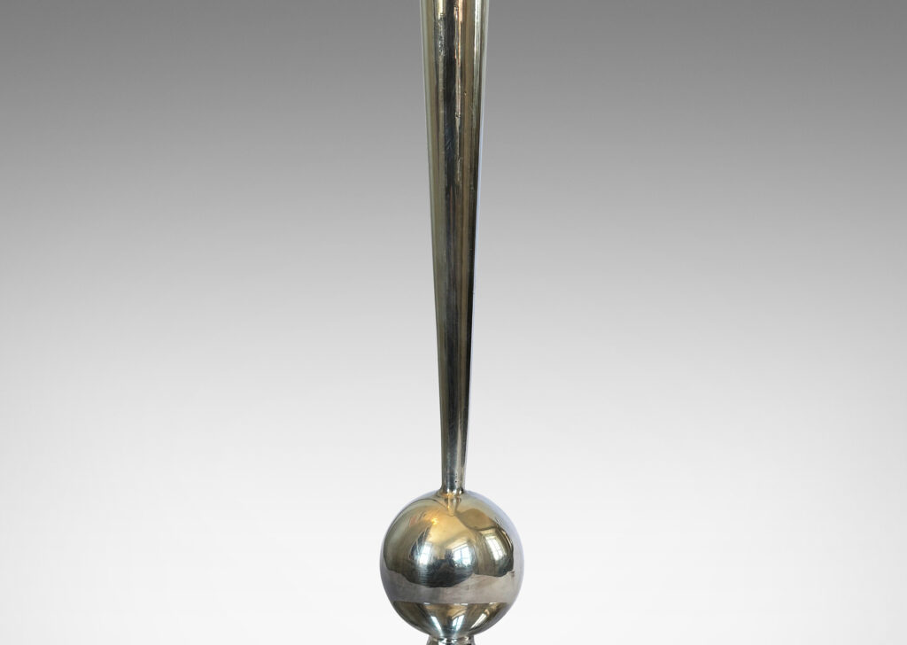 Gallery BAC elegant tapering stand sprouting from an orb fob on a pointed disk base, with a pawn form finial; silver plate