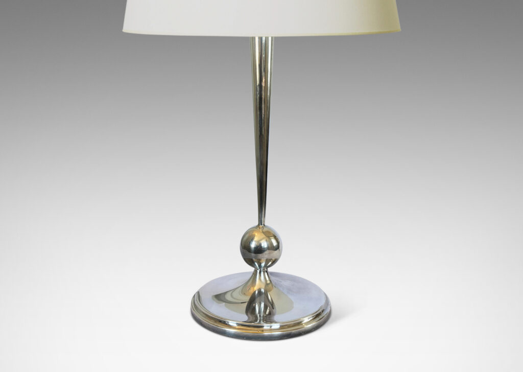 Gallery BAC elegant tapering stand sprouting from an orb fob on a pointed disk base, with a pawn form finial; silver plate