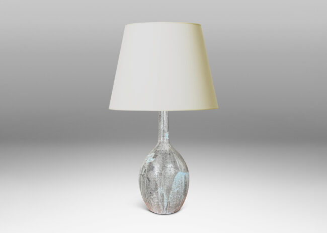 Gallery BAC ovoid form and tall slender neck carved with ridges and glazed in flowing light blue over gray
