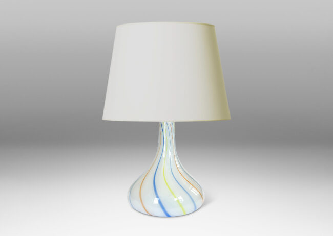 Gallery BAC large hand-blown fig form in white, with gently swirling blue, orange and yellow pinstripes; glass