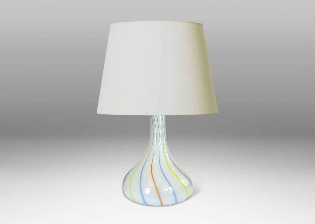 Gallery BAC large hand-blown fig form in white, with gently swirling blue, orange and yellow pinstripes; glass