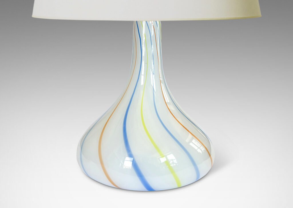 Gallery BAC large hand-blown fig form in white, with gently swirling blue, orange and yellow pinstripes; glass
