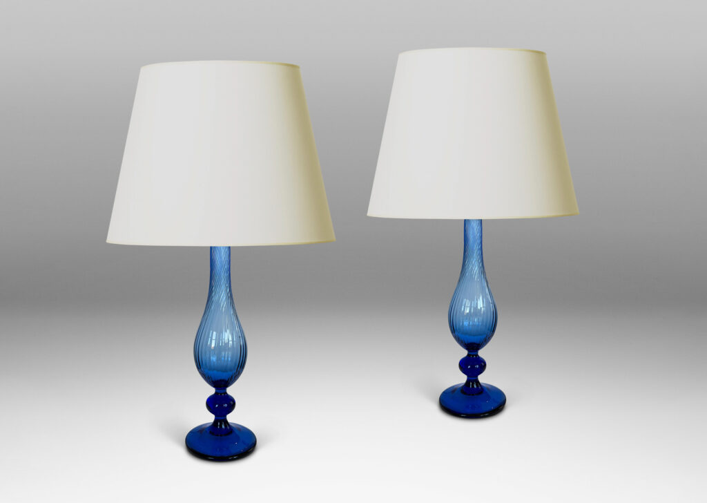 Gallery BAC hand-blown baluster forms with swirling patterns; blue glass