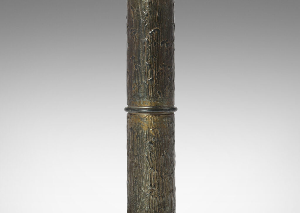 Gallery BAC thick stand with ring articulations and a dish base, with an overall painterly textural relief and lacquered finish