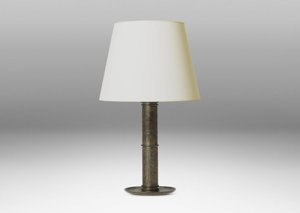 Gallery BAC thick stand with ring articulations and a dish base, with an overall painterly textural relief and lacquered finish