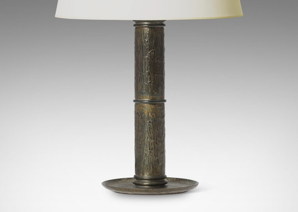 Gallery BAC thick stand with ring articulations and a dish base, with an overall painterly textural relief and lacquered finish