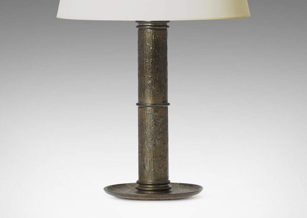 Gallery BAC thick stand with ring articulations and a dish base, with an overall painterly textural relief and lacquered finish