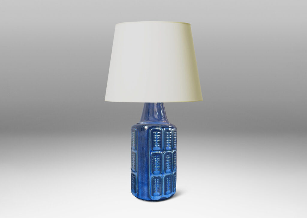Gallery BAC cylindrical forms with relief grids of patterned ovoids, glazed in a tonal gray-blue