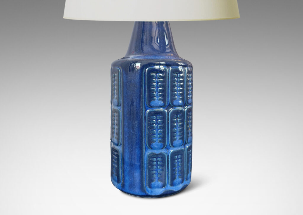 Gallery BAC cylindrical forms with relief grids of patterned ovoids, glazed in a tonal gray-blue