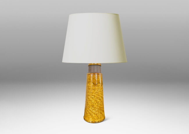 Gallery BAC tall conical form ornamented with a zig-zag / lozenge pattern, glazed in a shiny deep golden honey tone with matte brown ring