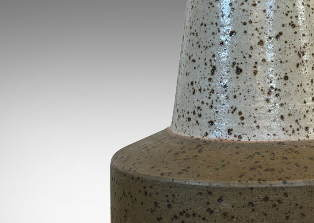 Gallery BAC low drum form with tall conical stand, glazed in speckled pale gray and brown