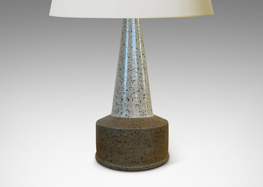 Gallery BAC low drum form with tall conical stand, glazed in speckled pale gray and brown