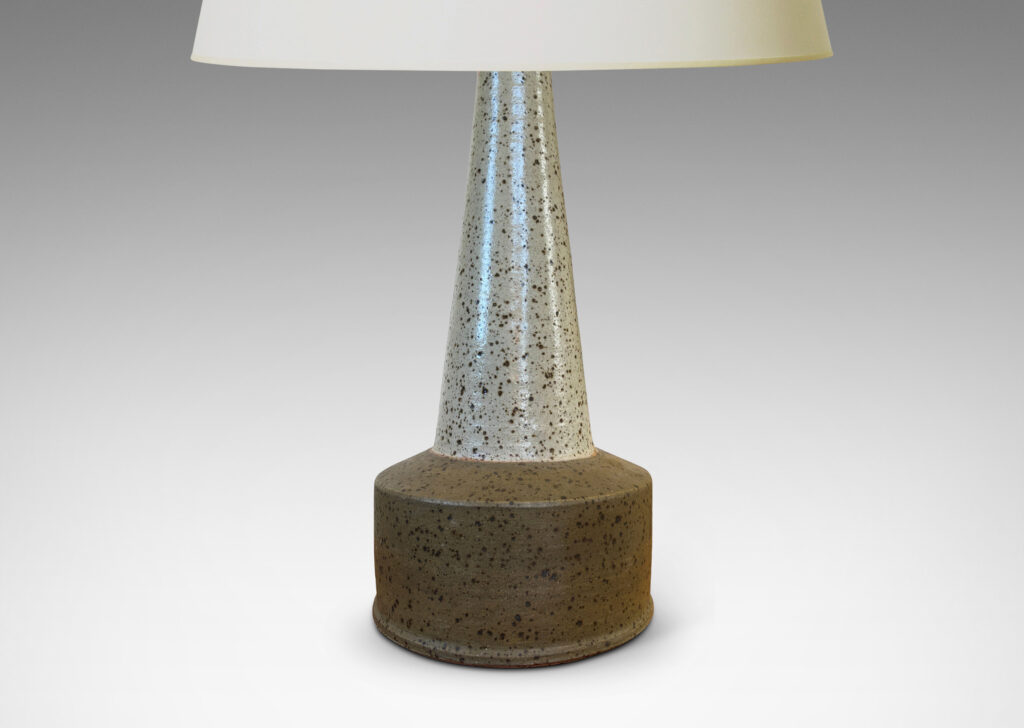 Gallery BAC low drum form with tall conical stand, glazed in speckled pale gray and brown