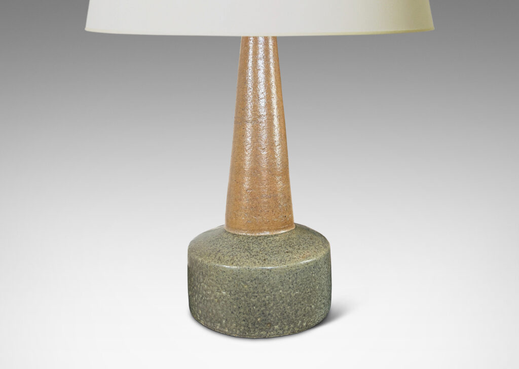 Gallery BAC low drum form with tall conical neck, glazed in brown and blue-gray