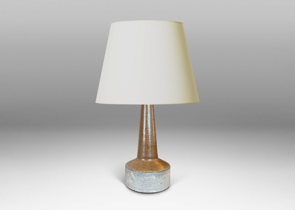 Gallery BAC low rum form with tall conical neck, glazed in brown and light gray