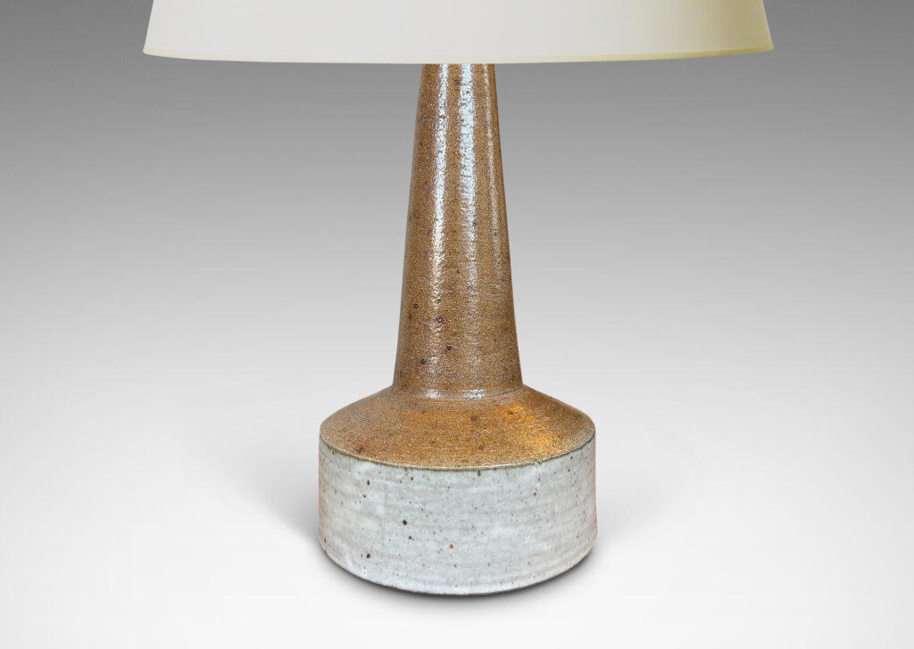 Gallery BAC low rum form with tall conical neck, glazed in brown and light gray