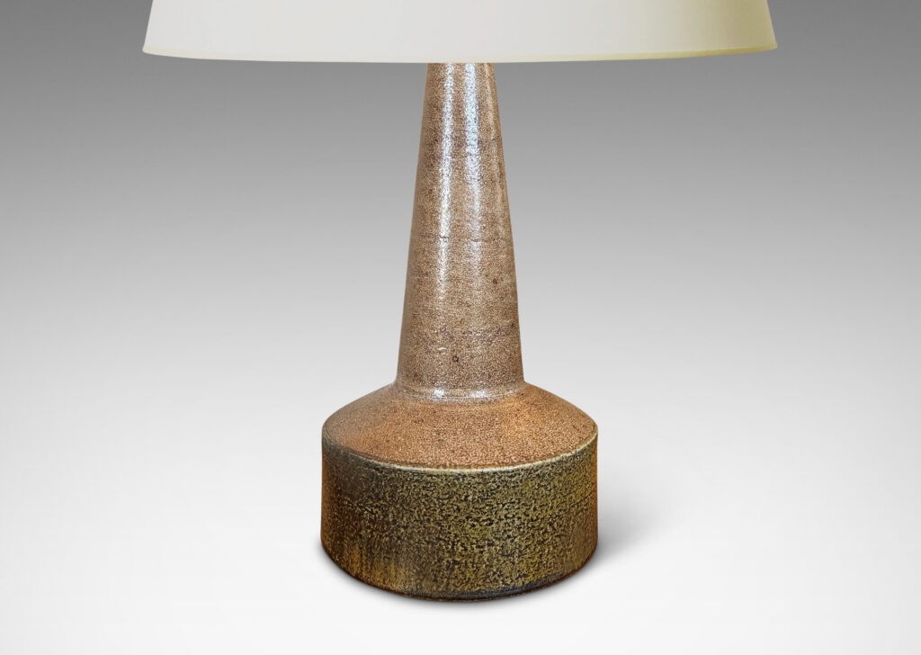 Gallery BAC low rum form with tall conical neck, glazed in brown and a greenish raw umber