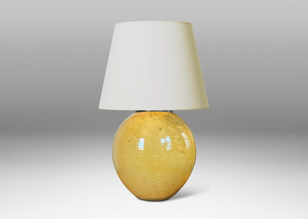 Gallery BAC plump spherical form, glazed in a gloss yellow with black stipple;