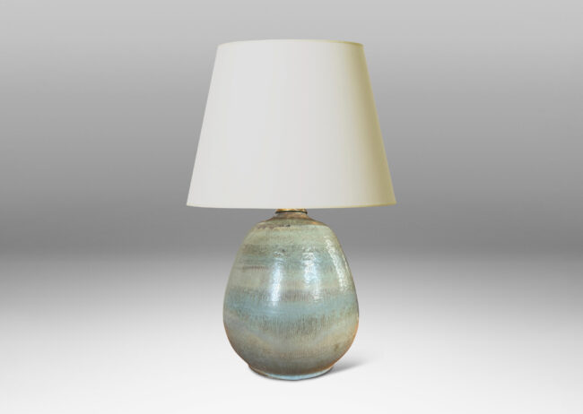 Gallery BAC ovoid form topped with carved spiraling pinstripes, and glazed in subtle bands of green-gray and blue-gray
