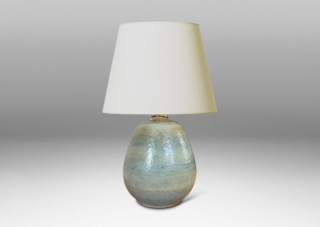Gallery BAC ovoid form topped with carved spiraling pinstripes, and glazed in subtle bands of green-gray and blue-gray