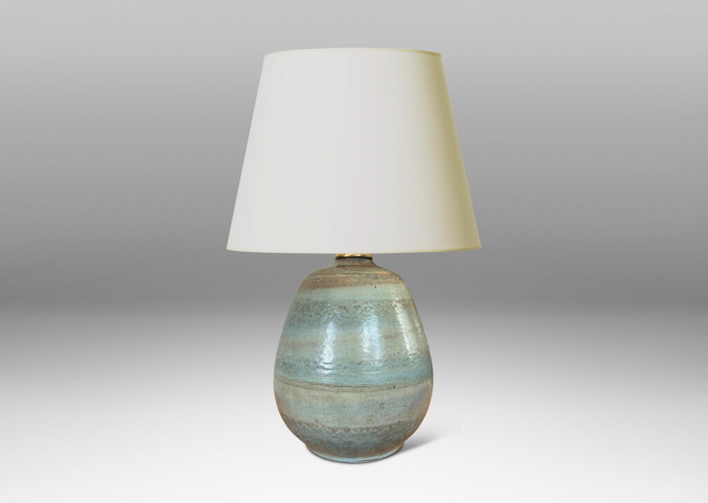 Gallery BAC ovoid form topped with carved spiraling pinstripes, and glazed in subtle bands of green-gray and blue-gray