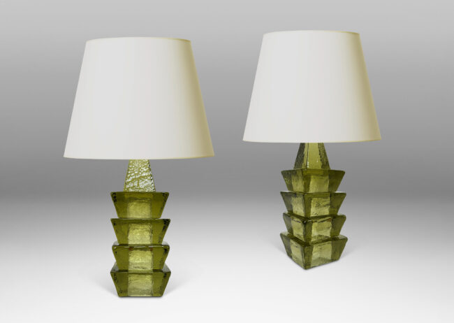 Gallery BAC textured stacked square chamfered forms in a pale bottle green; glass