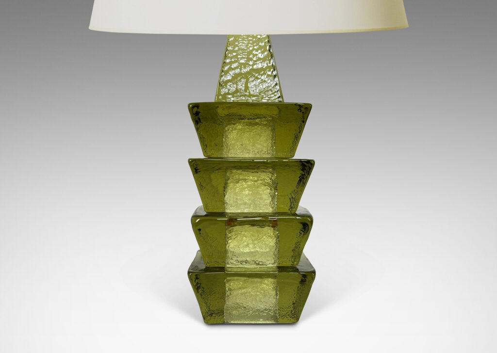 Gallery BAC textured stacked square chamfered forms in a pale bottle green; glass