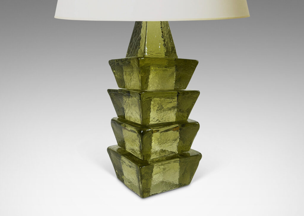 Gallery BAC textured stacked square chamfered forms in a pale bottle green; glass