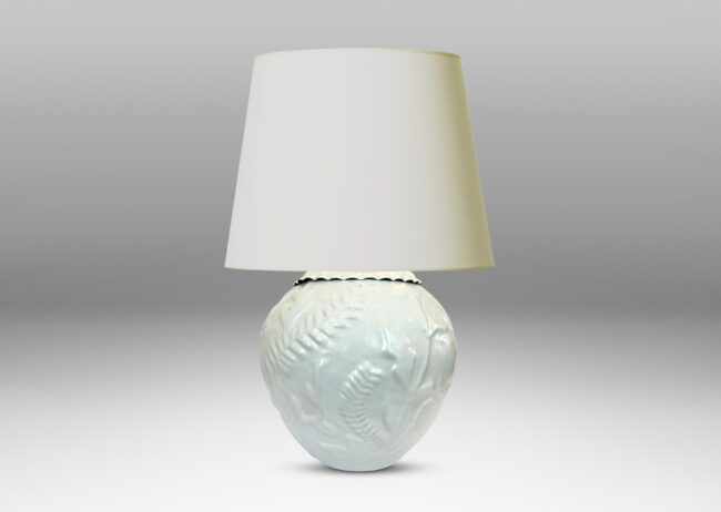 Gallery BAC tapered form with cast wildflower design in white glaze and embossed mount painted to match