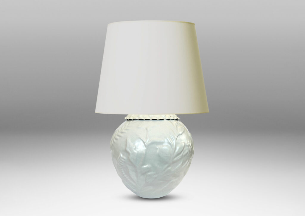 Gallery BAC tapered form with cast wildflower design in white glaze and embossed mount painted to match