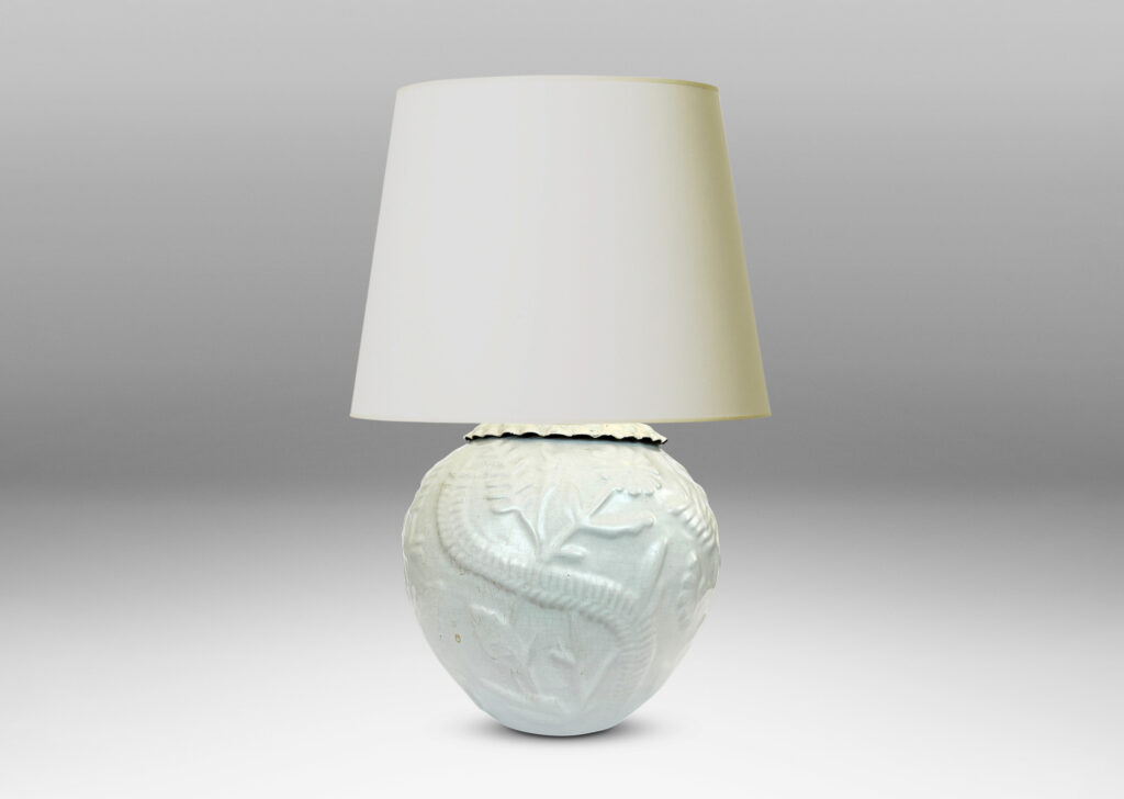 Gallery BAC tapered form with cast wildflower design in white glaze and embossed mount painted to match