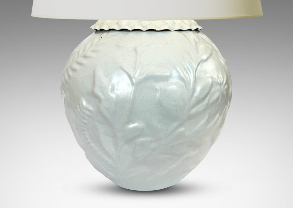 Gallery BAC tapered form with cast wildflower design in white glaze and embossed mount painted to match