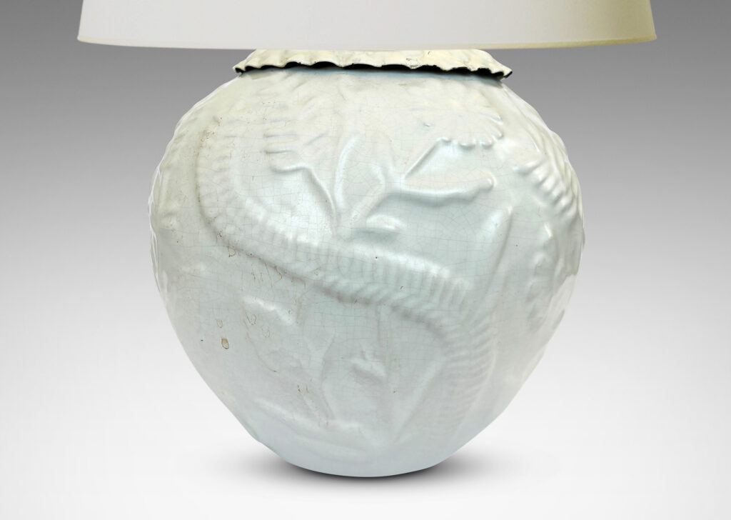 Gallery BAC tapered form with cast wildflower design in white glaze and embossed mount painted to match