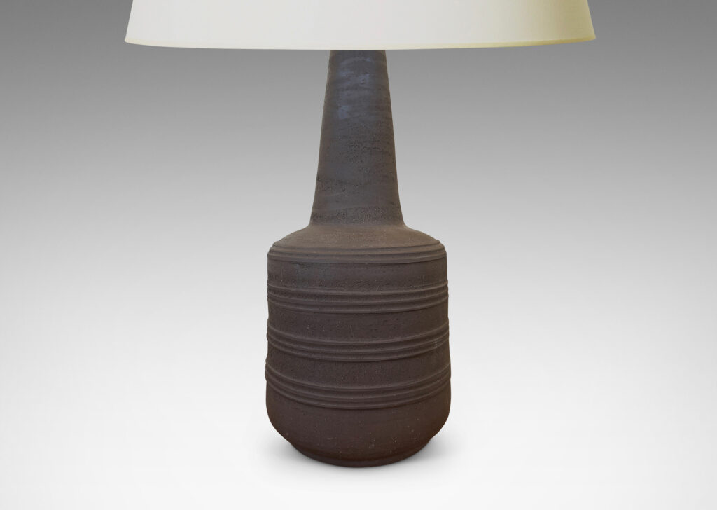 Gallery BAC drum forms with decorative ridge bands and tall conical necks in matte brown