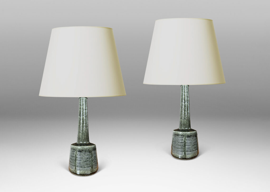 Gallery BAC drum form with carved line panels and tall conical neck, glazed in a gray-green
