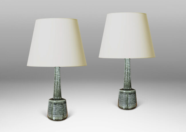 Gallery BAC drum form with carved line panels and tall conical neck, glazed in a gray-green