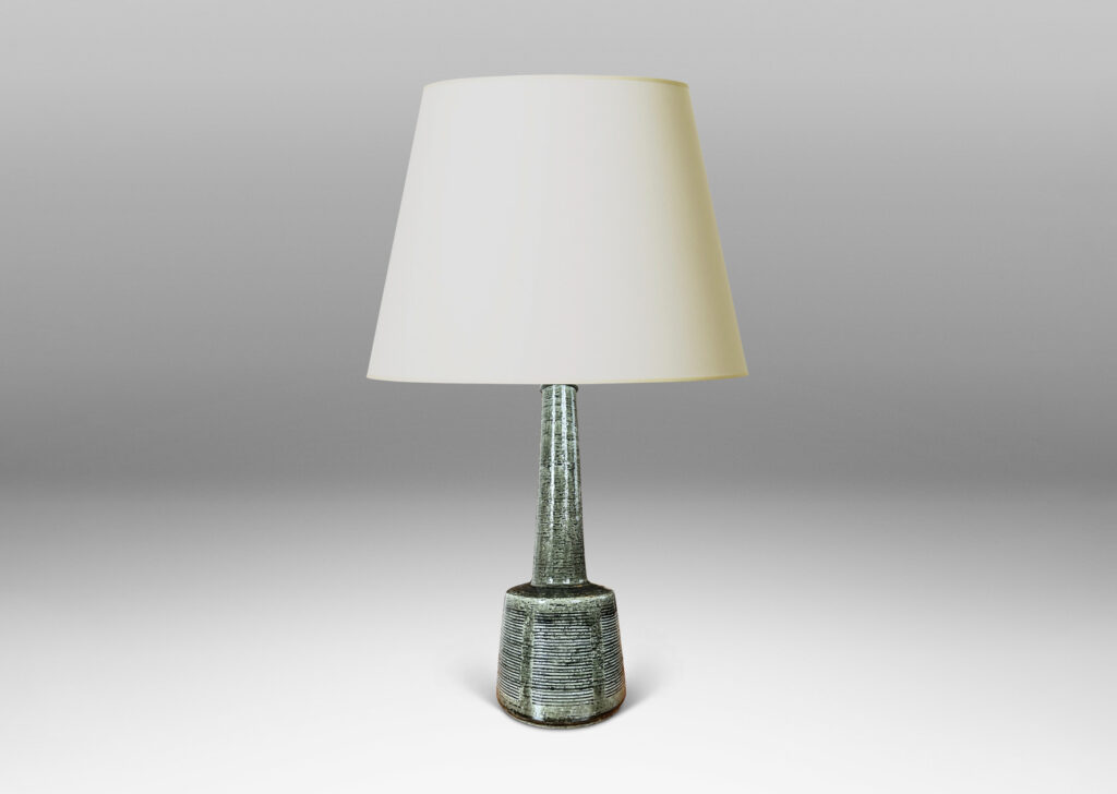 Gallery BAC drum form with carved line panels and tall conical neck, glazed in a gray-green