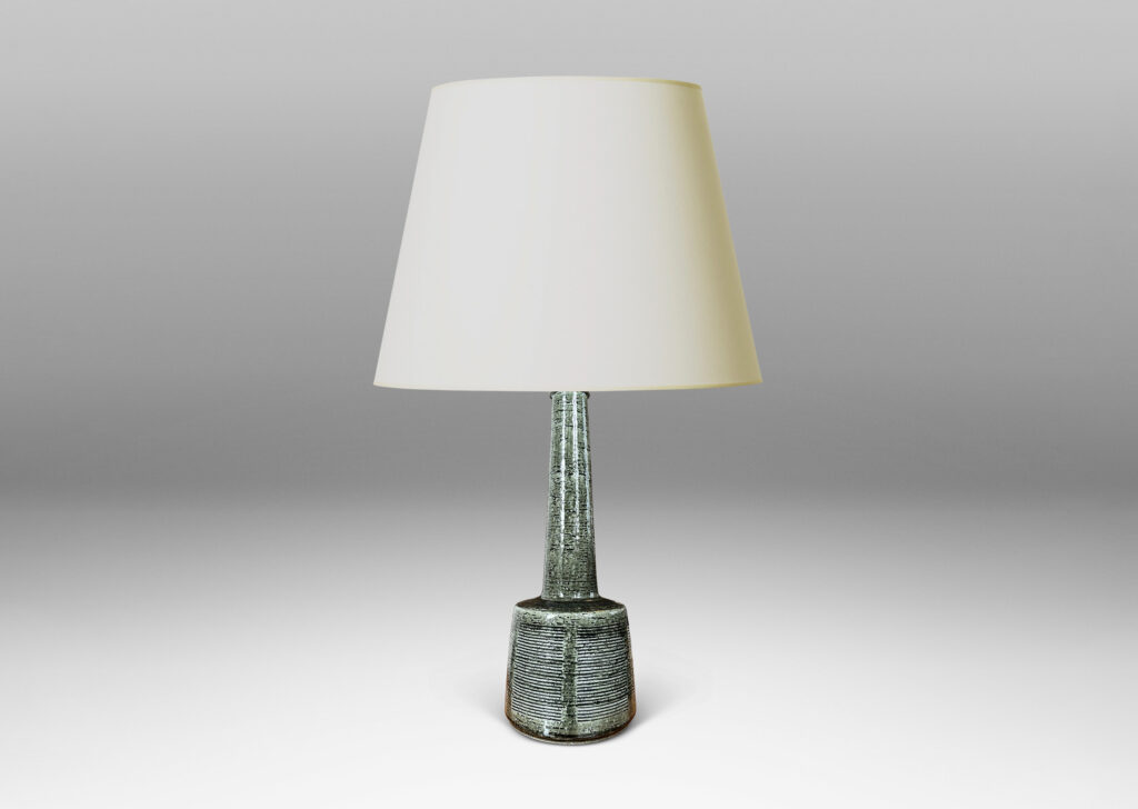 Gallery BAC drum form with carved line panels and tall conical neck, glazed in a gray-green